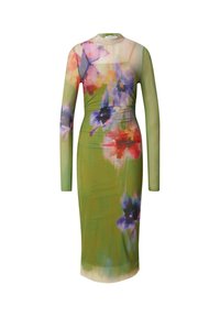 Langärmliges Kleid aus durchsichtigem grünem Stoff mit taillierter Silhouette. Blumenmuster in Pink, Lila und Rot, mit rundem Halsausschnitt und knielanger Länge.