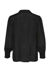 Schwarze Bluse mit Kragen, langen Puffärmeln und gerafften Manschetten. Aus einem leichten, strukturierten Stoff gefertigt. Minimalistisches Design.