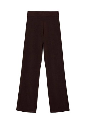 Pantalons larges marron en tissu doux, dotés d'une ceinture épaisse et d'une texture lisse, sans motifs ni éléments métalliques visibles.