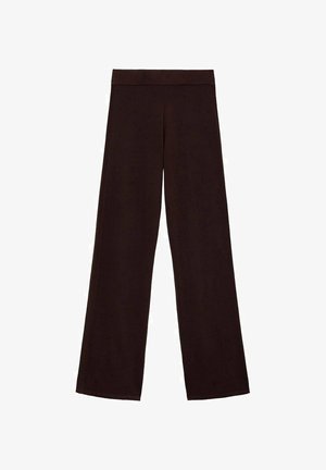 Brown wide-leg pants made of soft fabric, featuring a thick waistband and a smooth texture, with no visible patterns or hardware.
