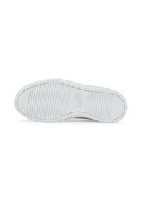 Suola di scarpa in gomma bianca con un motivo testurizzato e a righe, caratterizzata da un logo Puma e una forma arrotondata e liscia.