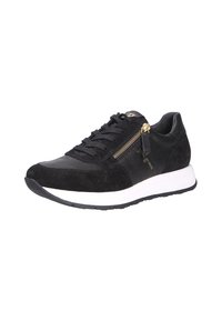 Sneakers neri in suede e pelle, con dettaglio con zip, tomaia textured, suola intermedia bianca e suola esterna nera.