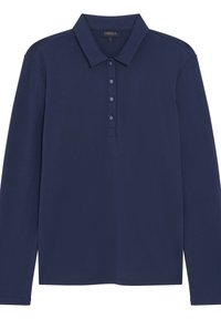 Marineblauwe polo met lange mouwen van zachte stof, voorzien van een kraag, een drieknoopssluiting en nette stikseldetails.