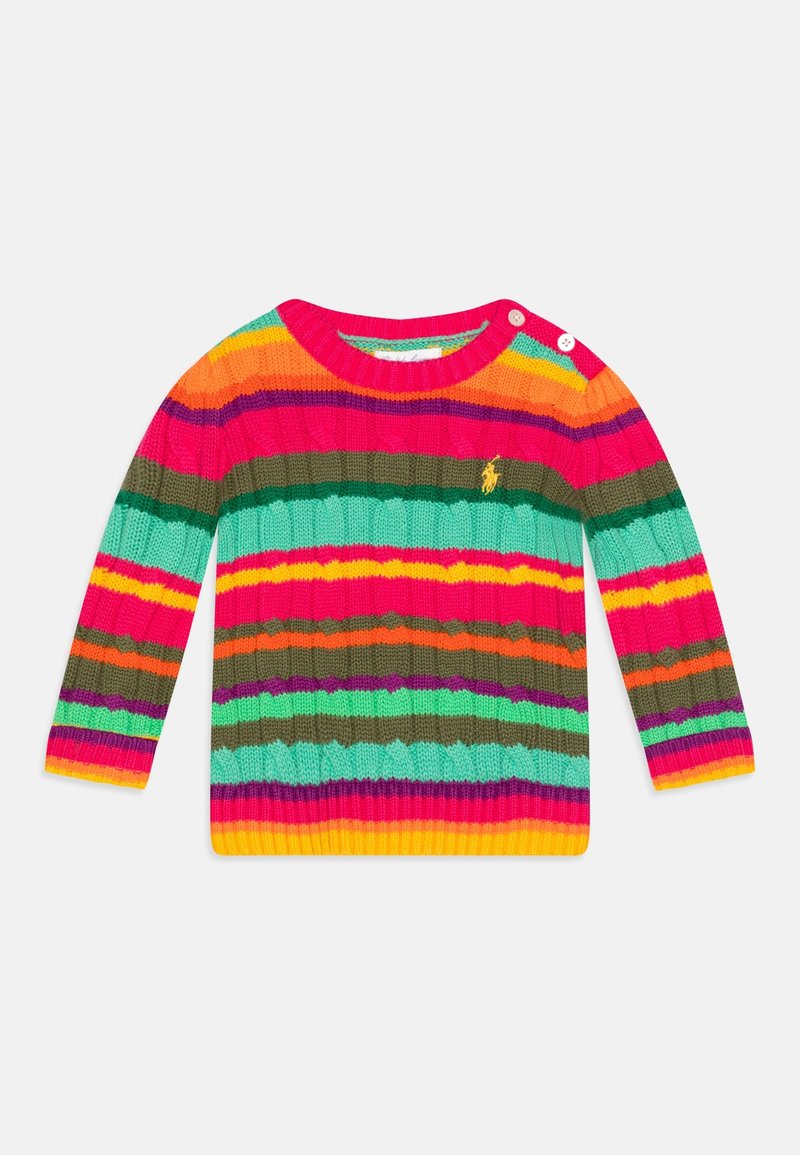 Pull en maille présentant des rayures horizontales vives en rose, vert, orange et marron, avec une texture côtelée et des boutons en accent à l'épaule.