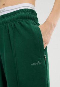 Zielone dresy o gładkiej fakturze, z elastycznym pasem w talii, boczną kieszenią oraz haftowanym detalem logo. Kieszeń z zamkiem błyskawicznym jako akcent.