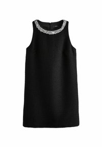 Robe noire sans manches en tissu texturé, avec un décolleté arrondi orné d'une broderie de perles et une fermeture éclair dissimulée dans le dos.