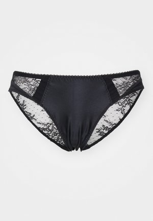 Schwarze Bikini-Höschen aus glattem Stoff mit transparenten Spitze-Einsätzen an den Seiten, mit gewelltem Rand und gerafftem Mittelpunkt.