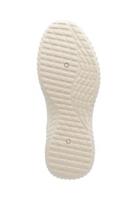 Suela de zapato con un diseño texturizado y acanalado en un blanco sucio, con una hendidura circular en el centro y patrones ondulados a lo largo de los bordes.