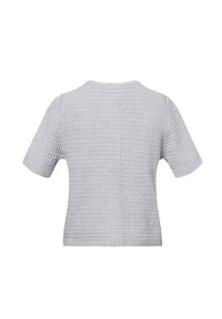 Grauer Kurzarm-Strickpullover mit einem strukturierten Muster und Rundhalsausschnitt, mit einem einfachen, lockeren Schnitt und geripptem Saum.