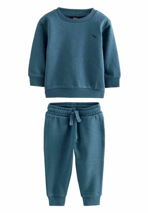 Teal bomulds-sweatshirt med lange ærmer og ribbede manchetter, parret med matchende joggerbukser med elastisk talje og snøre.