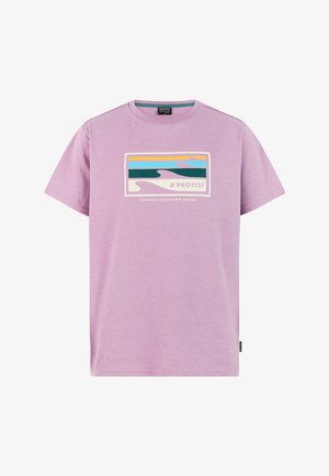 T-shirt en coton violet avec un motif rectangulaire présentant des motifs ondulés en vert, bleu et jaune. Manches courtes, coupe décontractée.