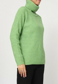 Pull en maille côtelée vert avec col roulé, en tissu doux ; il présente des manches longues et une coupe ajustée, adapté à un usage décontracté.