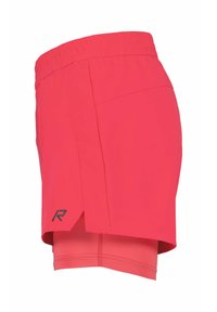 Lyserøde atletikshorts med indbygget kompressionsforing, perforeret sidepanel, elastisk taljebånd og lille sort "R"-logo nær kanten.