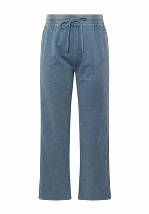 Pantaloni larghi blu realizzati in morbido denim, dotati di una vita elastica con coulisse e una finitura leggermente texturizzata.