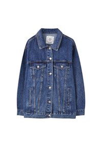 Veste en denim bleu moyen avec fermeture à boutons sur le devant, deux poches poitrine à rabat, poches latérales et col standard.
