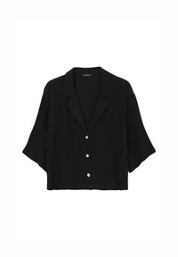 Blusa nera a maniche corte con colletto, caratterizzata da cinque bottoni bianchi sulla parte frontale, realizzata in tessuto testurizzato.