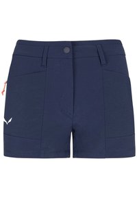 Pantalones cortos azul marino hechos de tejido elástico, con cierre de botón, bolsillos laterales y un acento de logotipo blanco minimalista.