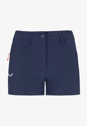Námořnické modré šortky vyrobené z elastického materiálu, s knoflíkovým zapínáním, postranními kapsami a minimalistickým bílým logem.