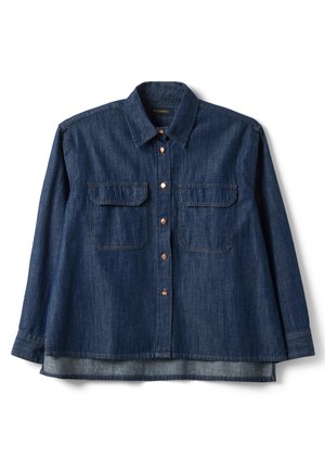 Dunkelblaues Jeanshemd mit langen Ärmeln, Kragen, sechs Metallknöpfen vorne und zwei aufgesetzten Brusttaschen mit Klappen.