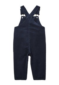 Salopette en velours côtelé bleu foncé avec des bretelles croisées ajustables, une texture douce et des accessoires en métal, présentant des jambes larges et des détails cousus.