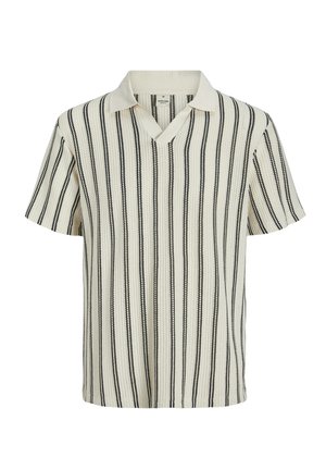 Polo majica s kratkimi rokavi v kremni barvi z navpičnimi črnimi črtami, z obliko V-izreza, teksturirano tkanino in rebrastim ovratnikom.