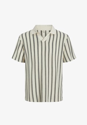 Kortärmad polo skjorta i krämfärg med vertikala svarta ränder, V-ringning, texturerat tyg och ribbad krage.