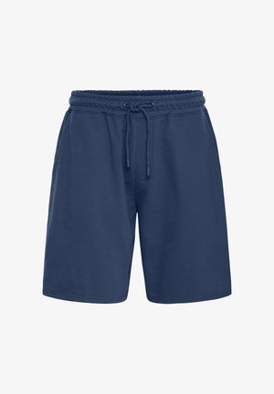 Marineblaue Sweatshorts aus weichem Stoff, mit elastischem Bund, verstellbarem Kordelzug und Seitentaschen. Schlichtes Design.