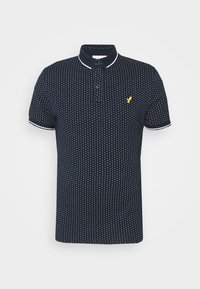 Navy short-sleeve polo shirt with white accents, textured fabric, and small repeating pattern. Features a yellow logo on the left chest.