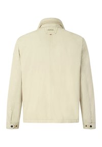 Beige jacket with a collar, long sleeves, and a straight cut. Features visible stitching and snap buttons on the cuffs. Back logo detail.
