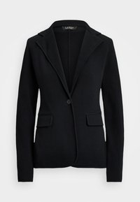 Zwarte blazer met notch revers, sluiting met één knoop en twee voorzakken. Gemaakt van textuurstof, lichtgewicht ontwerp.