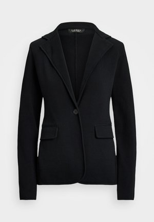 Black blazer with notched lapels, single button closure, and two front pockets. Made from textured fabric, lightweight design.