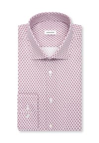 Chemise blanche à manches longues avec motif floral géométrique violet, poignets boutonnés et col italien.