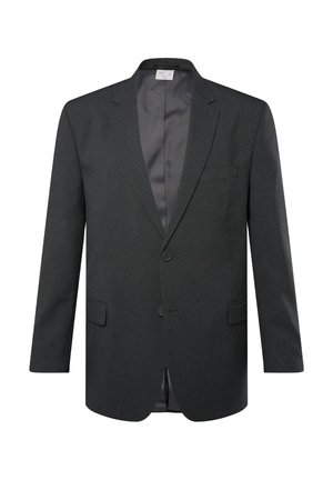 Donkergrijze blazer van textuurstof, met een notch lapel, eensluitende ontwerp, twee voorzakken en knoopsluiting.