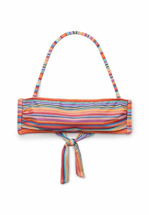 Bikinöverdel med flerfärgade ränder som har en bandeau-design och en knutdetalj i mitten. Slät tyg med tunna axelband.