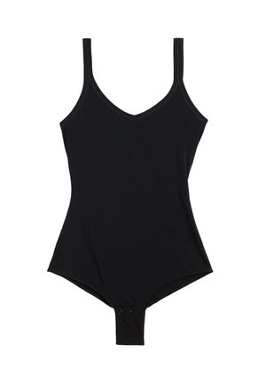 Sort bodysuit med v-hals, tynde stropper og trykknaplukning i bunden. Lavet af glat stof med en tætsiddende pasform.