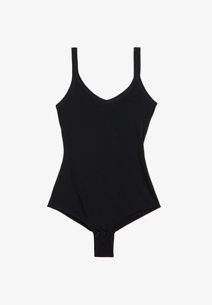 Schwarzer Body mit V-Ausschnitt, dünnen Trägern und Druckknopfverschluss am unteren Ende. Hergestellt aus glattem Stoff mit einer taillierten Passform.
