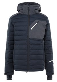 Veste matelassée bleu marine avec capuche grise et poche poitrine, fermeture éclair à l'avant et poignets ajustables avec bandes Velcro.