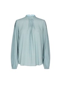 Ljusblå blus med långa ärmar och hög krage, veckad frontdetalj och elastiska manschetter. Har ett litet mönster över hela tyget.