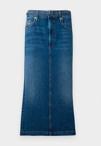 Keskmise värvi denim seelik sirge lõikega, peidetud esivööga, vöökohaga ja kontrastsete õmblustega.