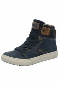 Navy High-Top Sneakers aus Wildleder mit tanfarbenen Akzenten, ausgestattet mit einem Schnürdesign, Gummisohle und kontrastierenden Stickdetails.