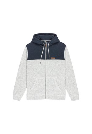 Jas met capuchon en rits, met een marineblauwe bovenkant en lichtgrijze onderkant, van een zachte stof en met twee voorke pockets.