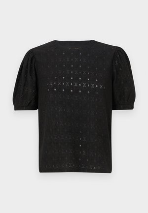 Zwarte geborduurde top met een ronde halslijn, puffmouwen en een ingewikkeld openwerkpatroon door de stof.