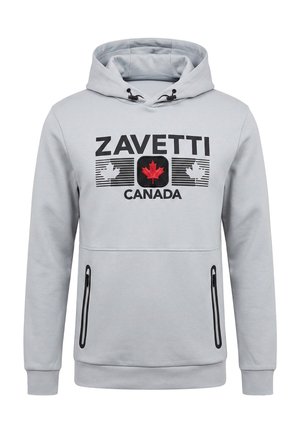 Felpa con cappuccio grigio chiaro con cerniere nere sulle tasche, scritta nera "ZAVETTI CANADA" e stemma della foglia d'acero rossa sul petto.
