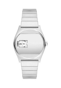 Edelstahlarmbanduhr mit minimalistischem Design, ausgestattet mit einem flachen rechteckigen Zifferblatt, das die Zeit über eine rotierende Scheibe anzeigt, und einem glatten Gliederarmband.