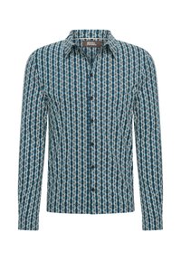 Camisa de manga larga con un patrón geométrico en azul, crema y marrón oscuro. Cuenta con un cuello puntiagudo y una tapeta de botones en la parte delantera.