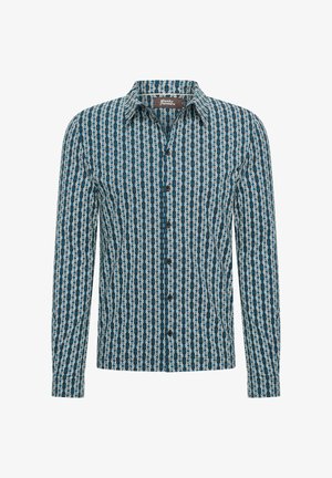 Camisa de manga larga con un patrón geométrico en azul, crema y marrón oscuro. Cuenta con un cuello puntiagudo y una tapeta de botones en la parte delantera.