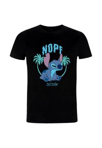 Czarny t-shirt z niebieską kreskówkową postacią kosmity o dużych uszach, otoczoną palmami i napisem "NOPE" oraz "Not Today" w kolorze niebieskim.