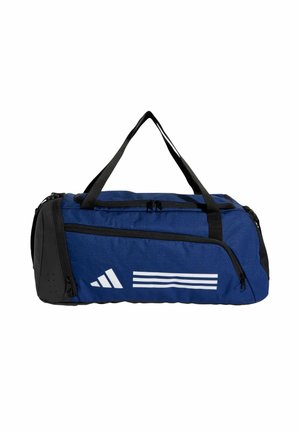 Blå duffelbag med sorte detaljer, lynlåse og bærehåndtag; har tre hvide striber og et Adidas-logo på siden.