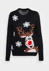 Maglione nero lavorato a maglia con un design di renna con naso rosso, circondato da fiocchi di neve bianchi e dettagli dorati sulle corna.