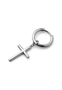 Nyckelring i silverfärg med en slank, polerad korsberlock fäst vid en cirkulär ring. Designen är minimalistisk med släta ytor.